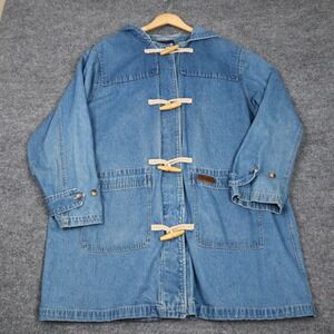 Vtg Denim & Co Hooded Blue Denim Duffle Chore Coat Women's Fleece Lined Toggle